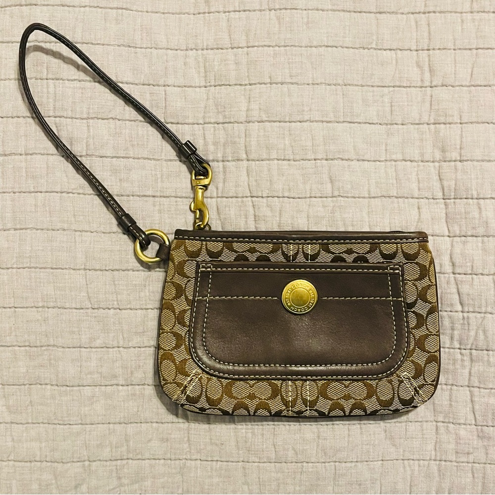 Coach Brown Signature Jacquard Front Pocket Wristlet